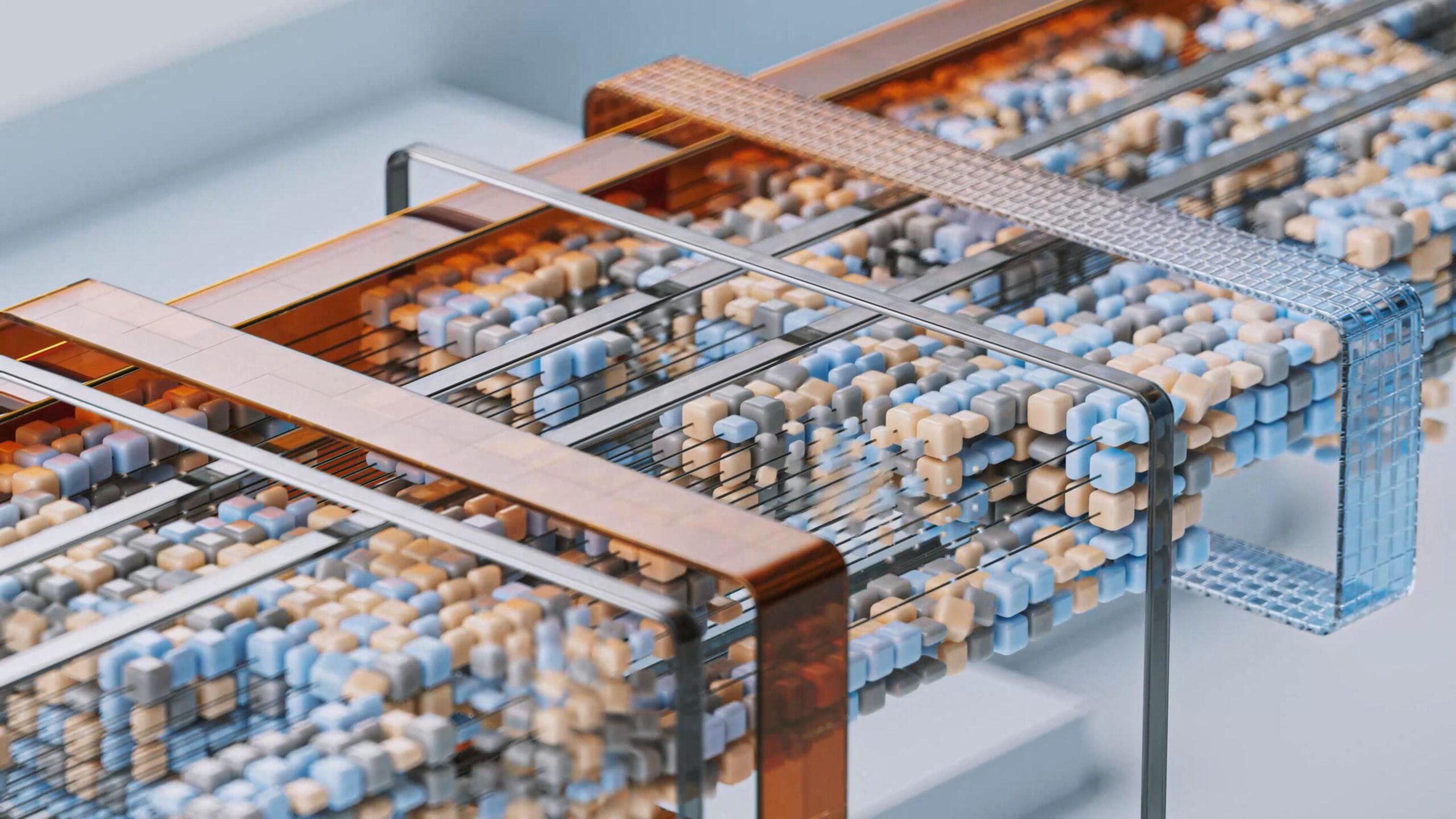 An abstract 3D render of a futuristic machine sorting and channeling small, multi-coloured cubes, representing the automated flow of data and resources.